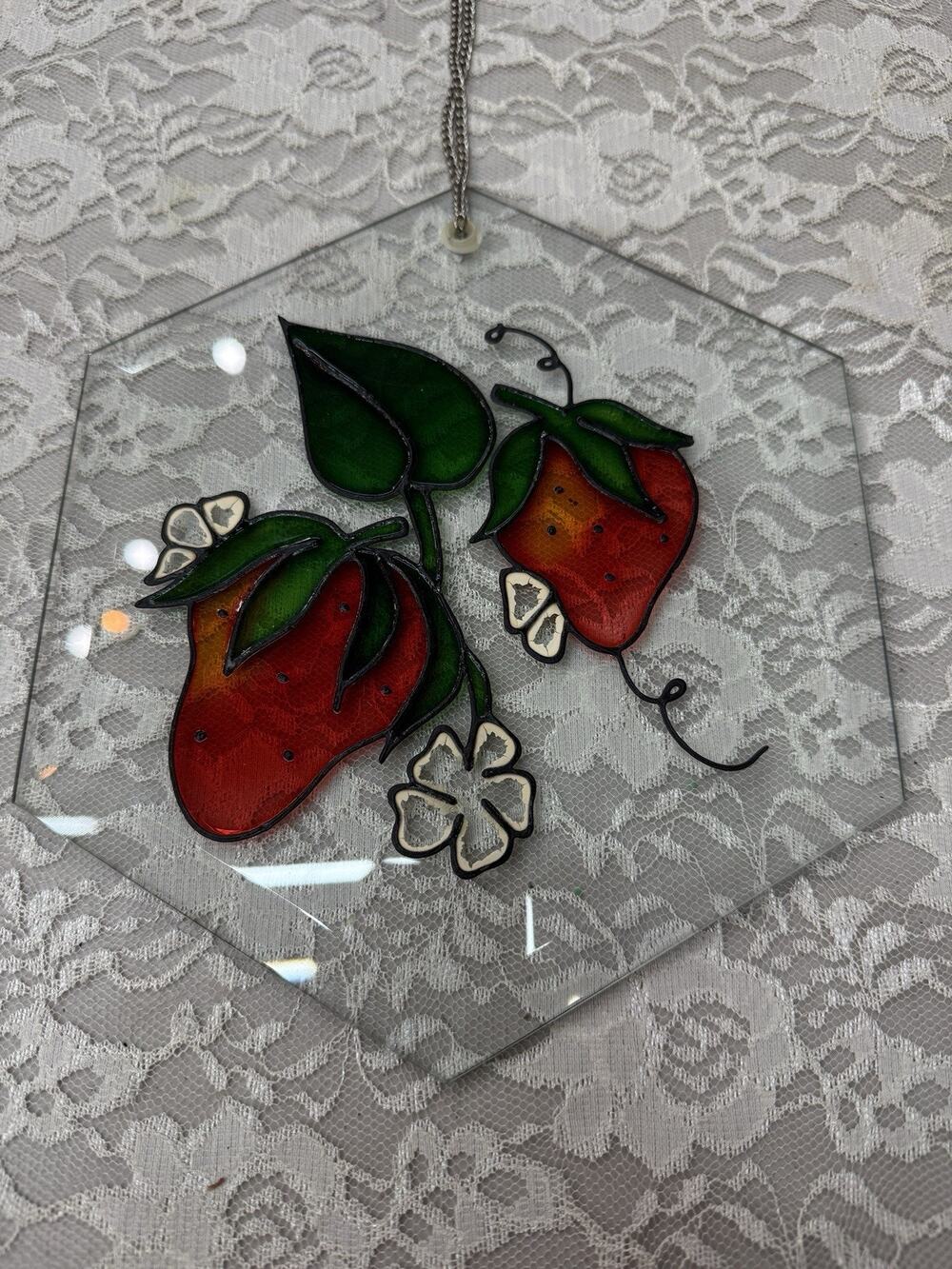 Vintage Stained Glass Style Hand Painted Strawberry Sun Catchers Decor